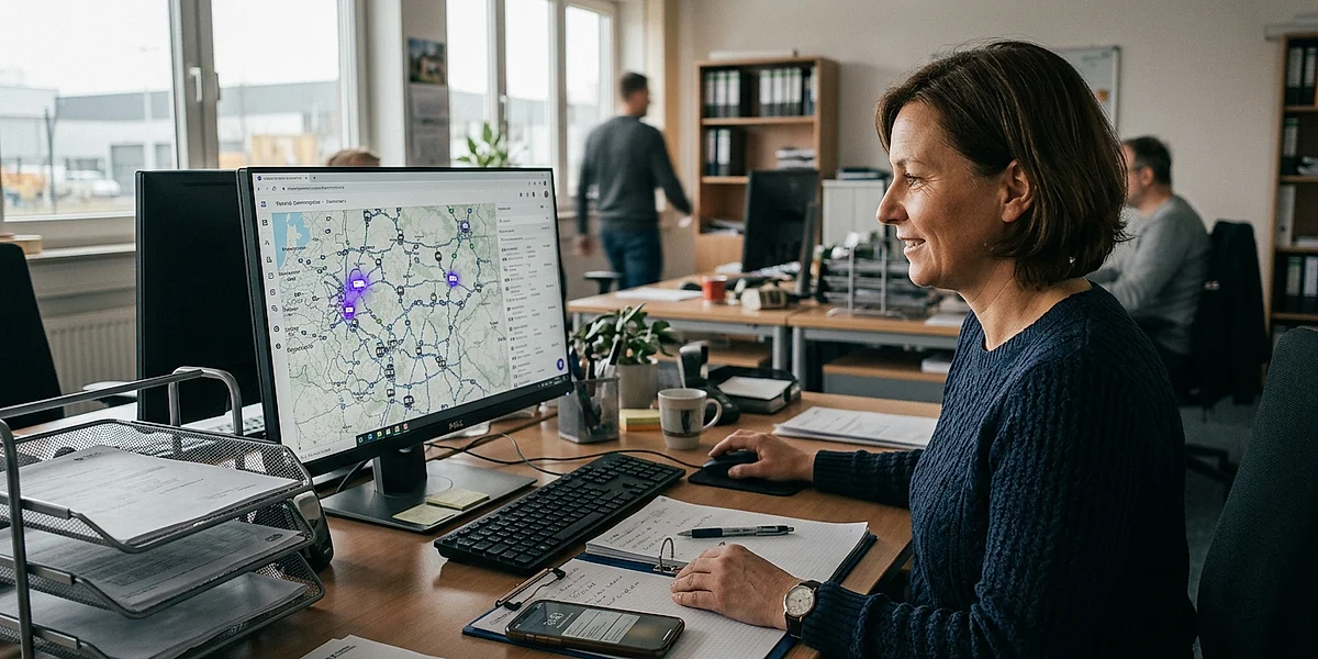 Logistik-Koordinator plant Routen auf Dashboard mit Karte und Fahrzeugpositionen
