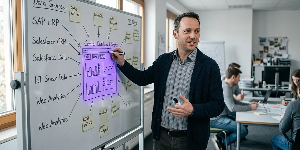 Datenquellen-Planung am Whiteboard für Dashboard-Projekt