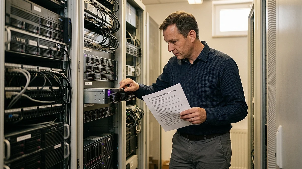 IT-Verantwortlicher prüft im Serverraum die Infrastruktur für einen europäischen KI-Anbieter