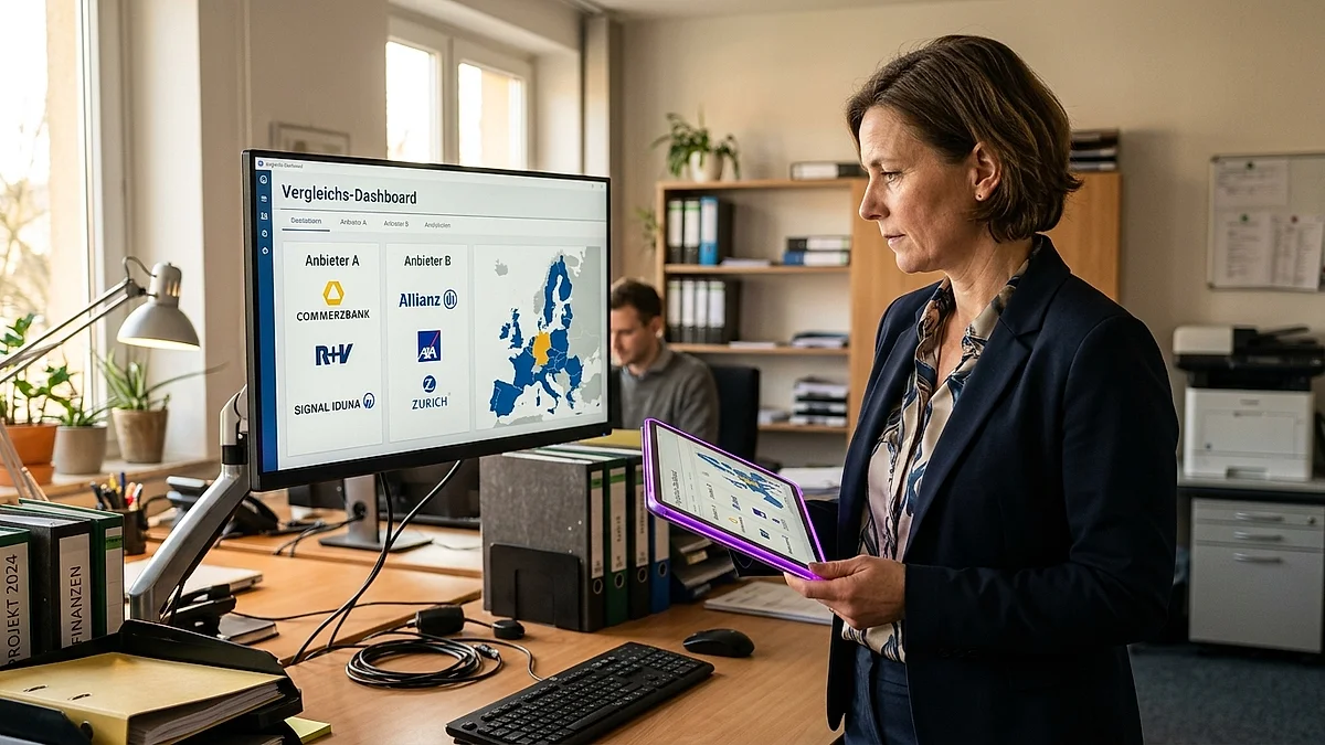 Geschäftsführerin vergleicht europäische und US-amerikanische KI-Anbieter auf einem Dashboard im Büro