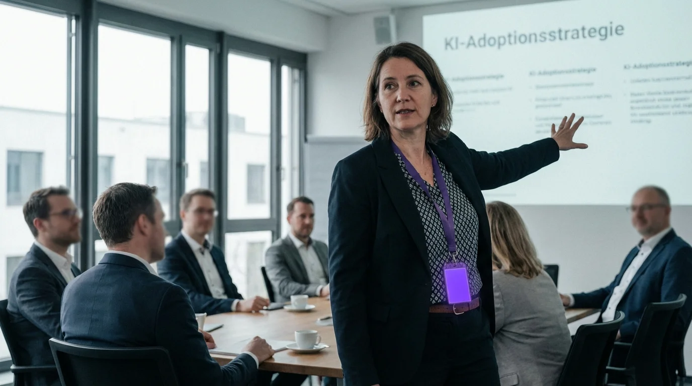 Konferenzraum mit KI-Visualisierungen auf dem Bildschirm: Change Management bei der KI-Einführung