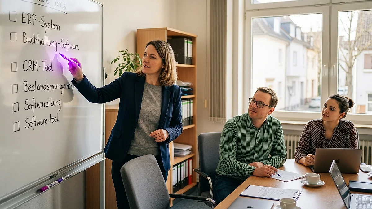 Geschäftsführerin bespricht mit ihrem Team eine Checkliste zur Bestandsaufnahme der KI-Systeme