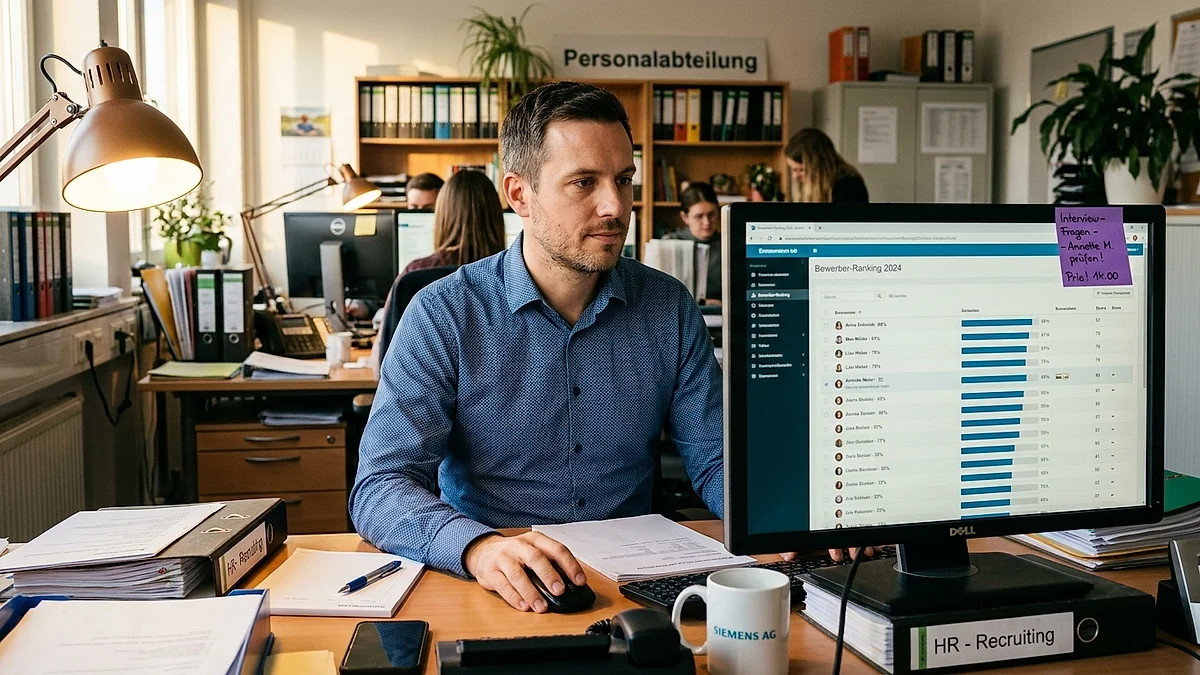 HR-Mitarbeiter prüft ein KI-gestütztes Bewerber-Ranking auf dem Bildschirm im Büro