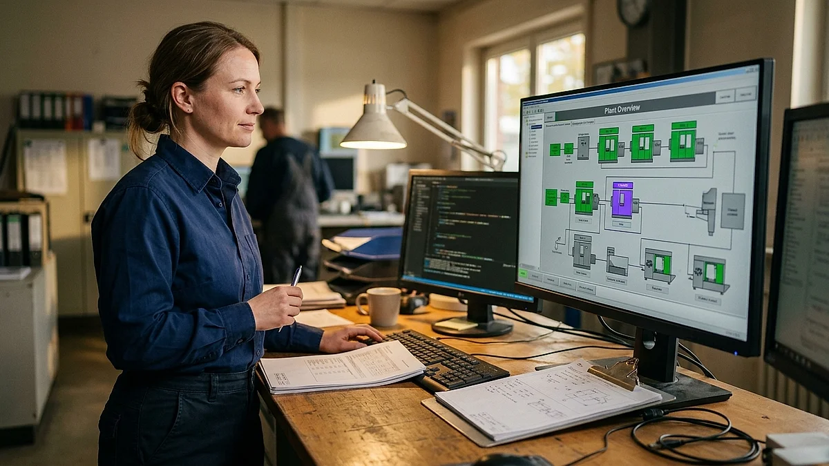 Ingenieurin überwacht im Leitstand den KI-gestützten Zustand mehrerer Produktionsanlagen