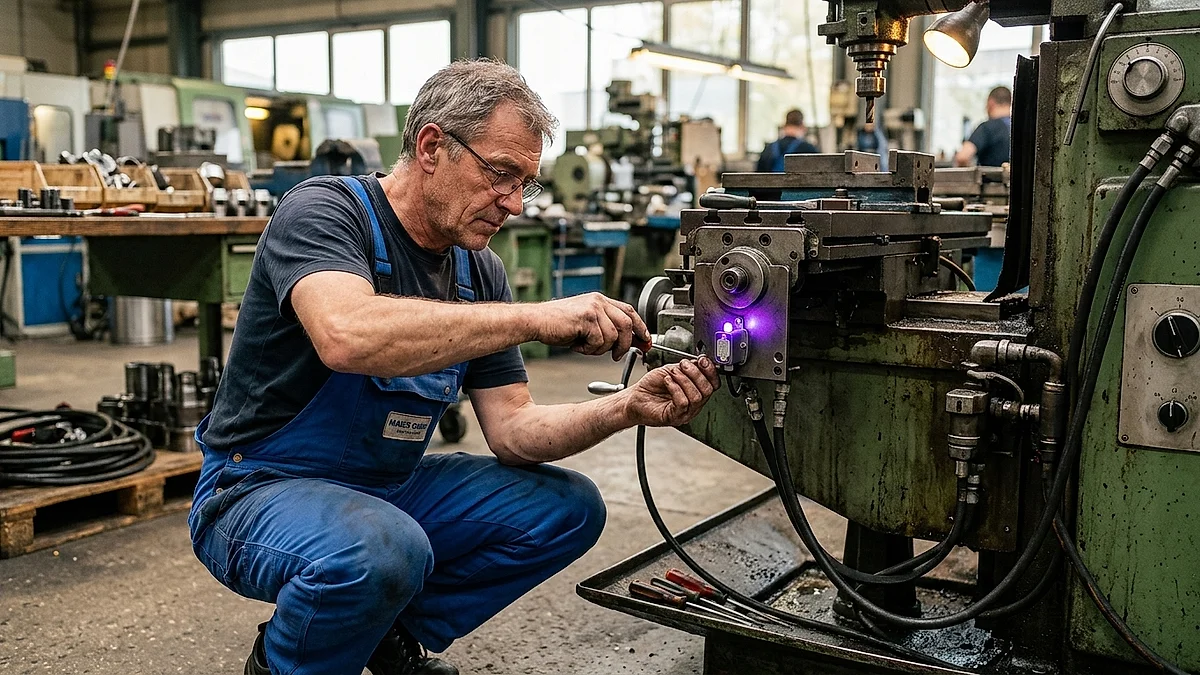 Techniker montiert einen Vibrationssensor an einer Maschine für die vorausschauende Wartung