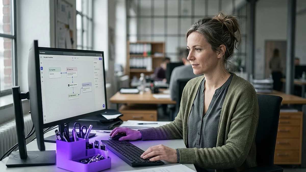Mitarbeiterin konfiguriert in einem No-Code-Tool die Schritte eines KI-Agenten am Monitor