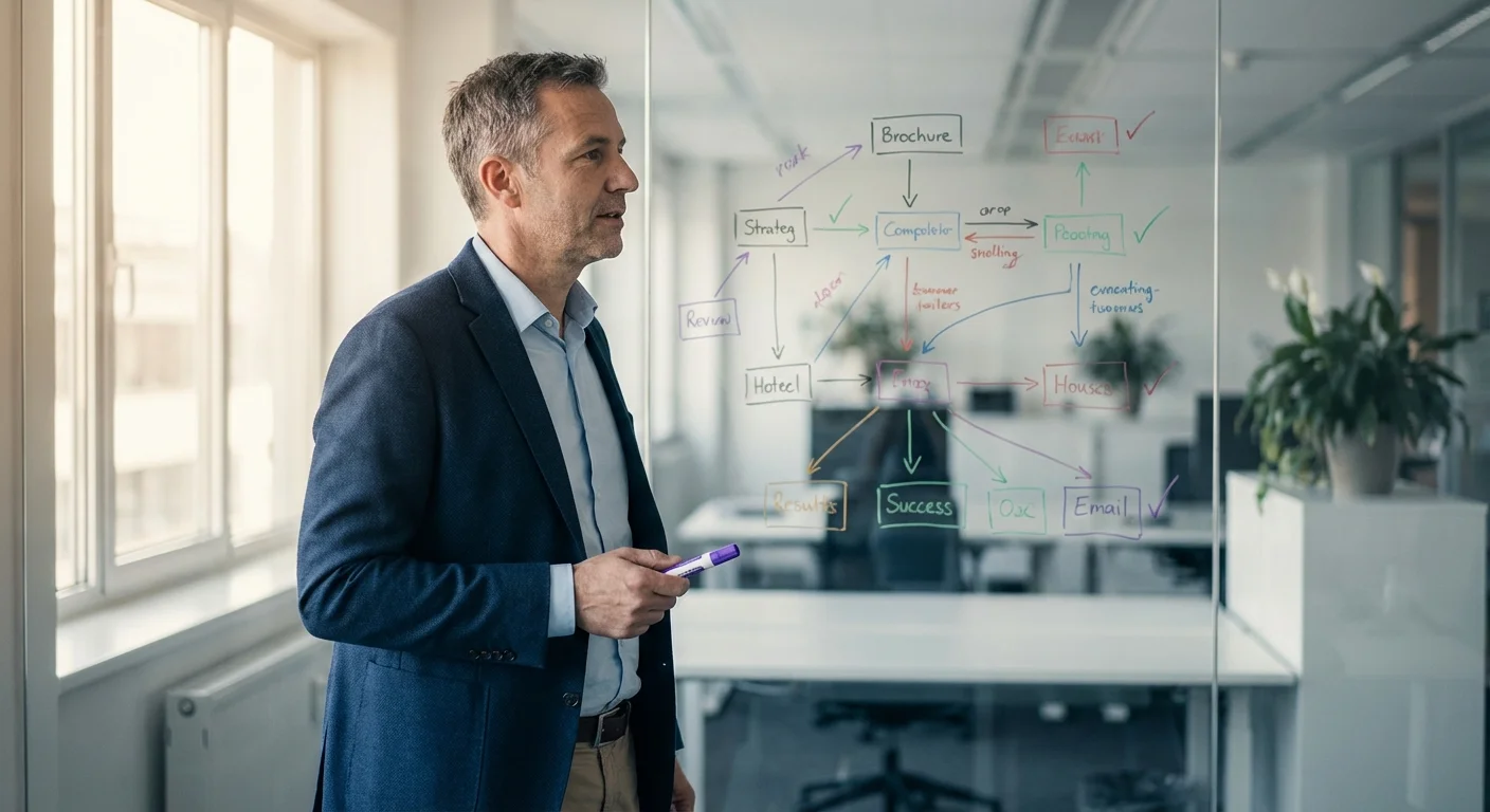 Geschäftsführer bewertet KI-Anwendungsfälle an einem Whiteboard mit Prozessdiagrammen