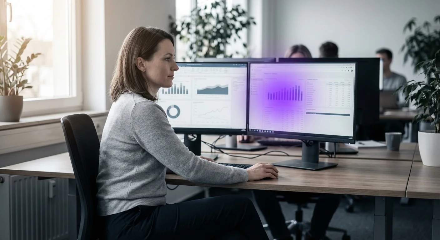 Mitarbeiterin analysiert KI-Dashboards und Datenauswertungen am Arbeitsplatz