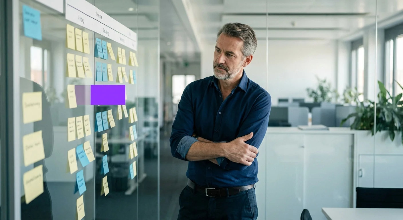 Geschäftsführer plant KI-Strategie mit Roadmap und Sticky Notes