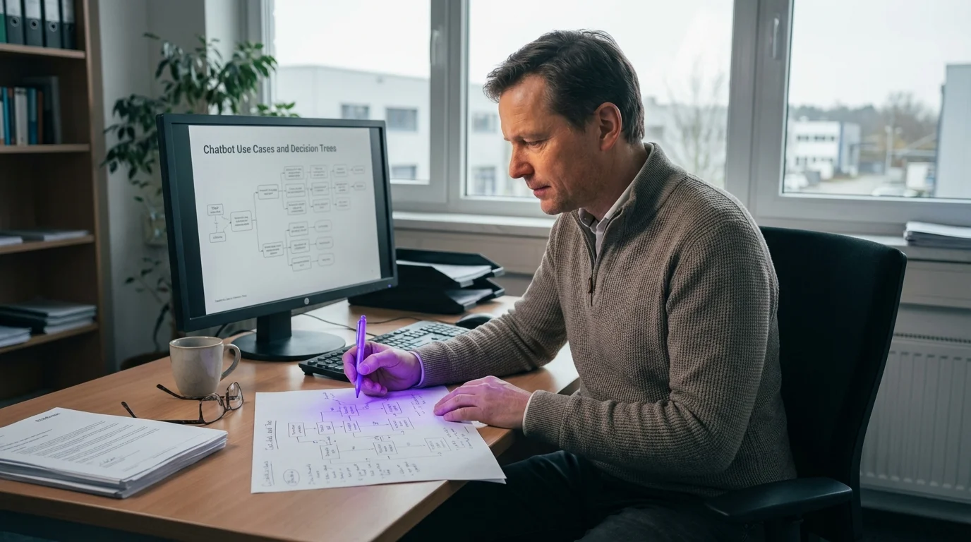 Geschäftsmann analysiert Chatbot-Einsatzfelder anhand eines Flowchart-Diagramms auf dem Bildschirm