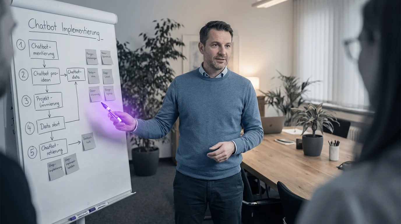 Unternehmerin plant Chatbot-Implementierung anhand eines Schritt-für-Schritt-Fahrplans am Whiteboard