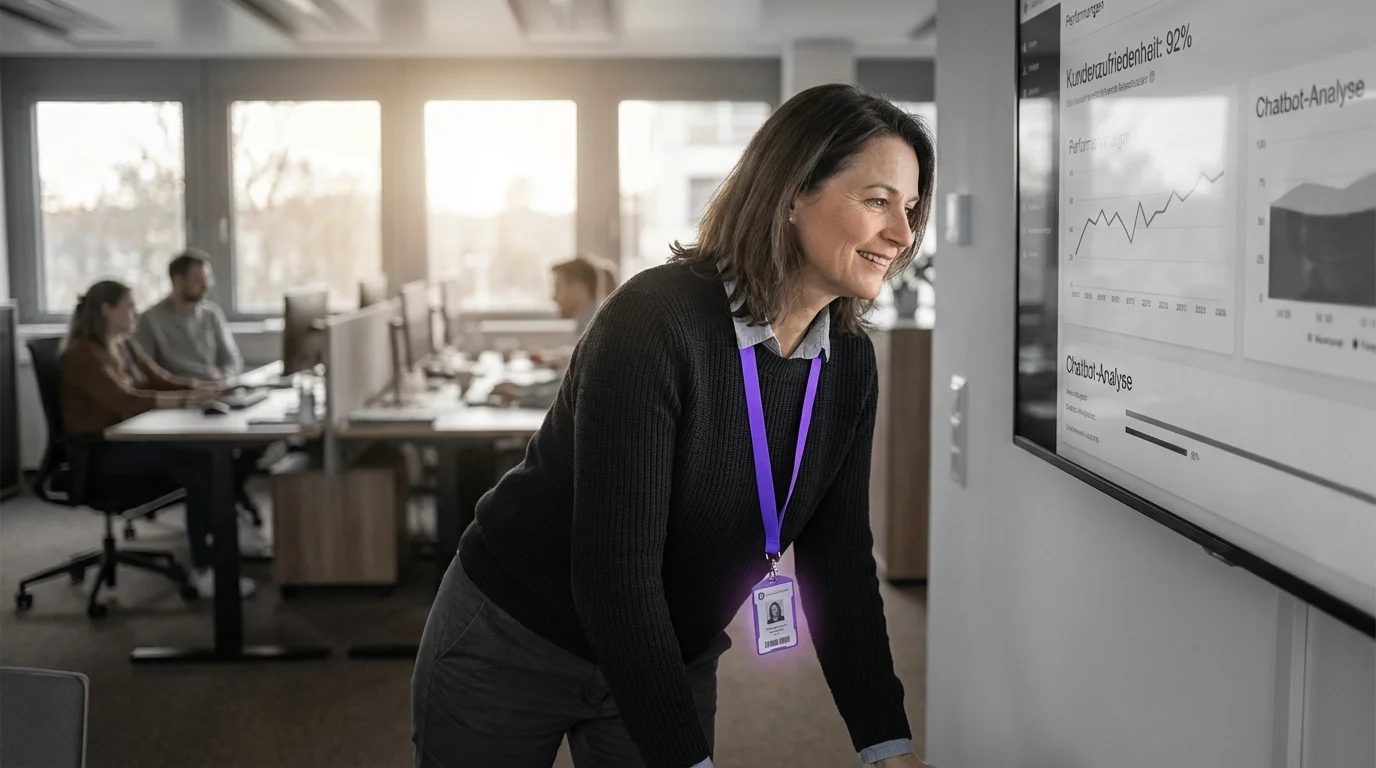 Kundenservice-Team analysiert Chatbot-Dashboard mit Konversationsstatistiken am gemeinsamen Bildschirm