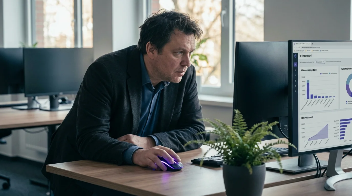 KI-Einführung im Mittelstand: Modernes Büro mit KI-Dashboard und Automatisierungs-Workflows