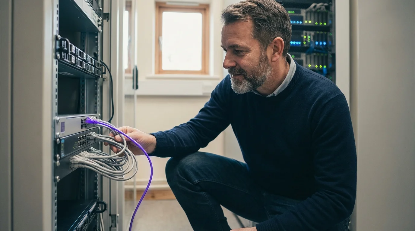 Cloud vs. lokale KI-Infrastruktur: Server-Raum mit violett leuchtenden Netzwerkkabeln