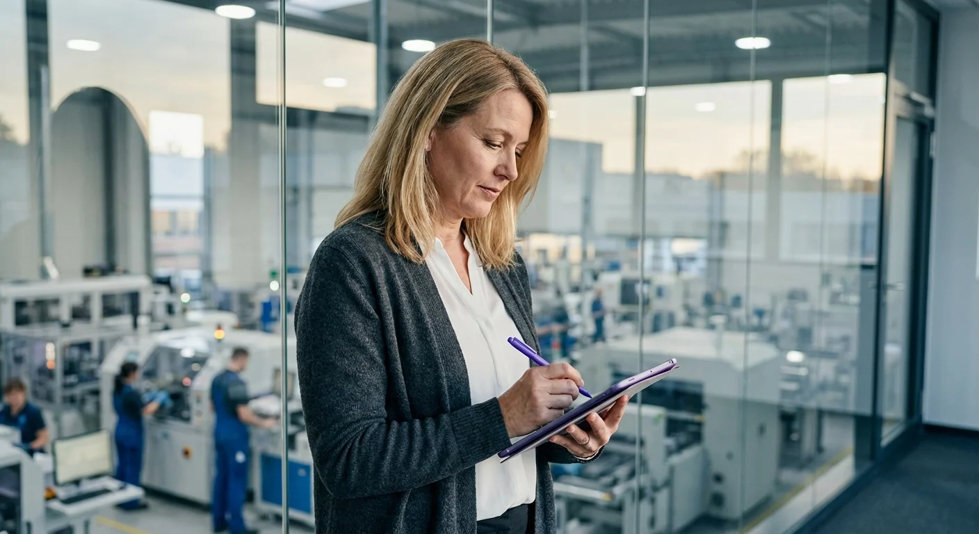 Managerin dokumentiert den Ist-Zustand eines Prozesses in der Produktion