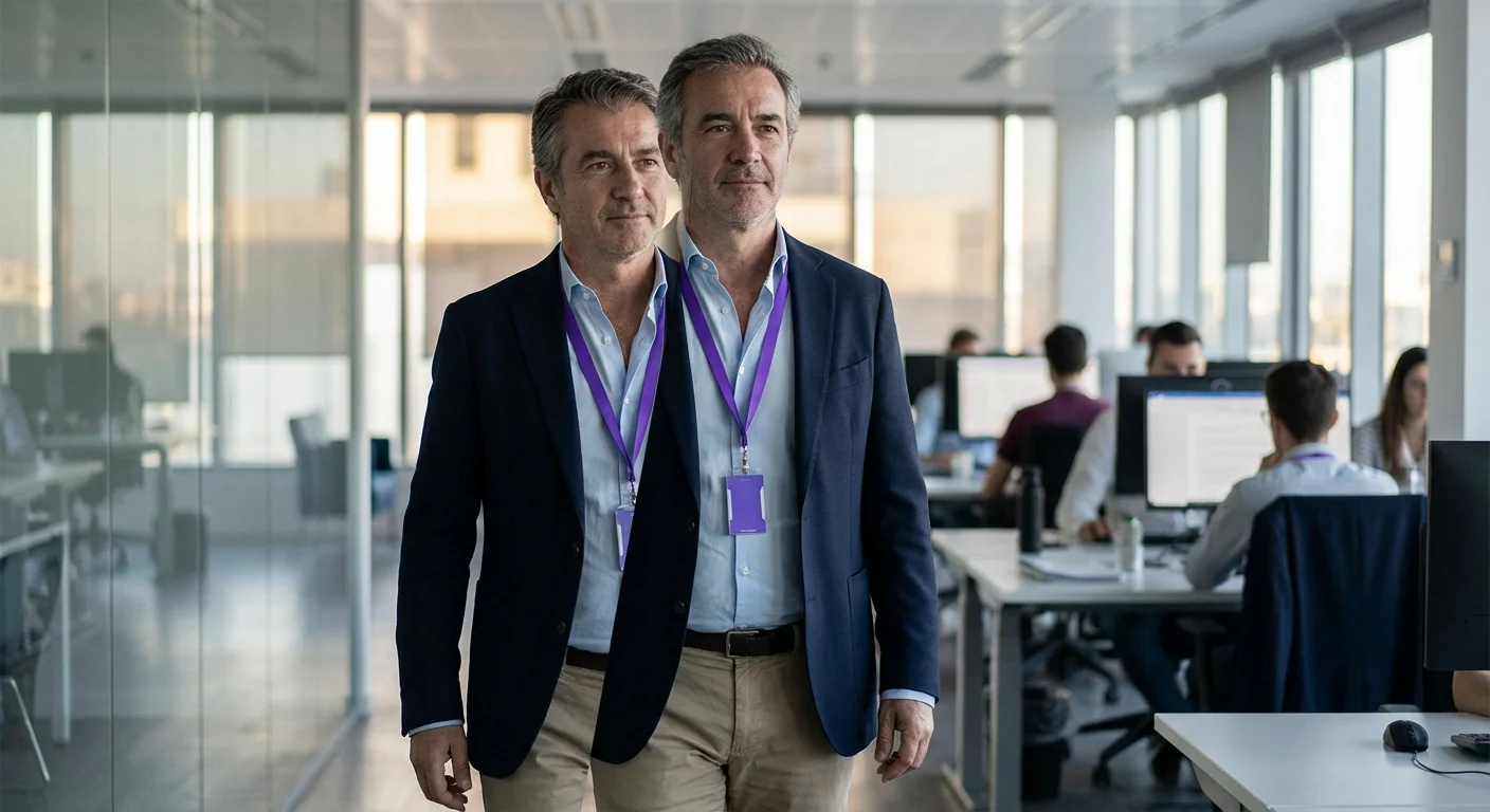 Geschäftsführer geht durch ein modernes Büro nach erfolgreichem KI-Rollout