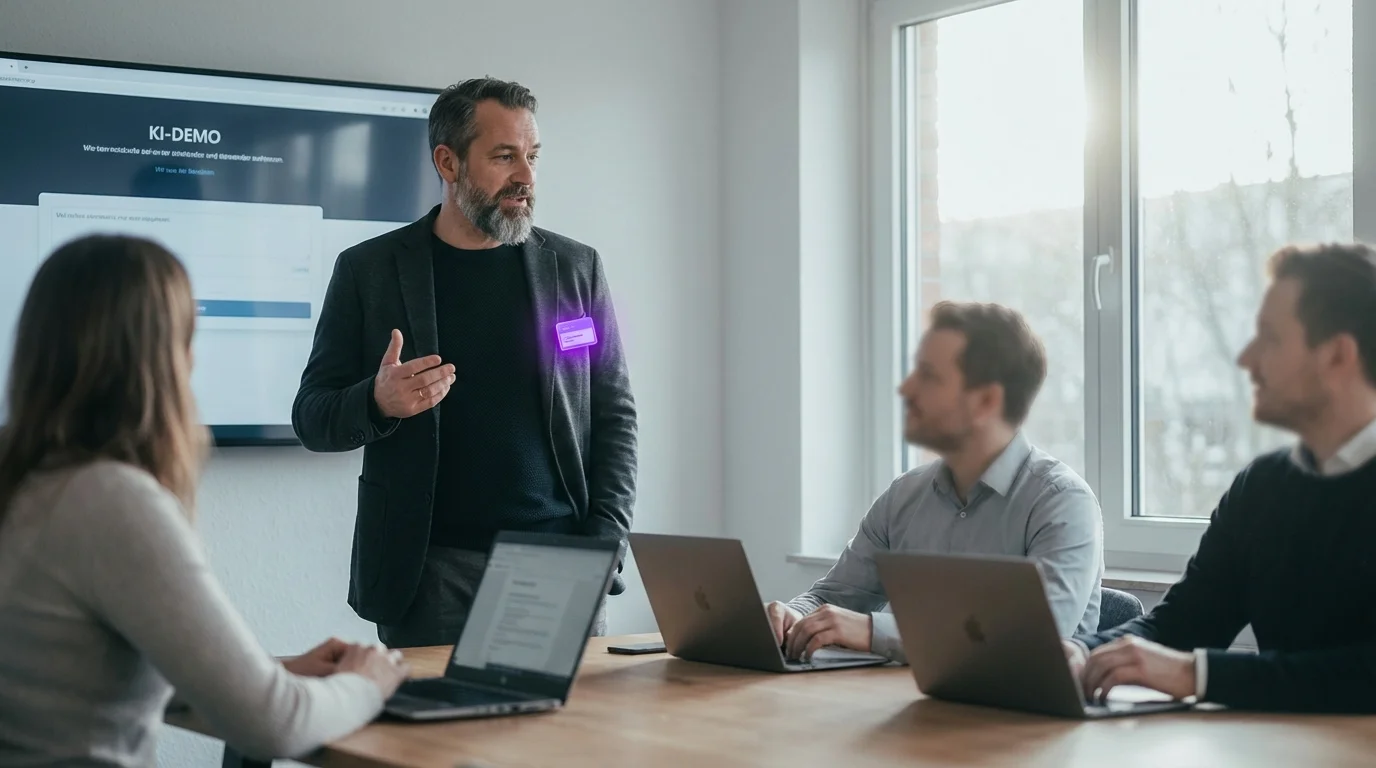 Change Management bei KI-Einführung: Team-Schulung in einem modernen Besprechungsraum
