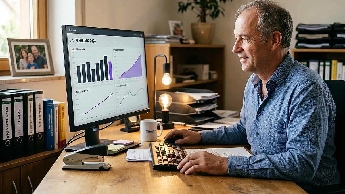 Geschäftsführer schaut auf ein Dashboard mit aktuellen ERP-Daten und KI-Forecast