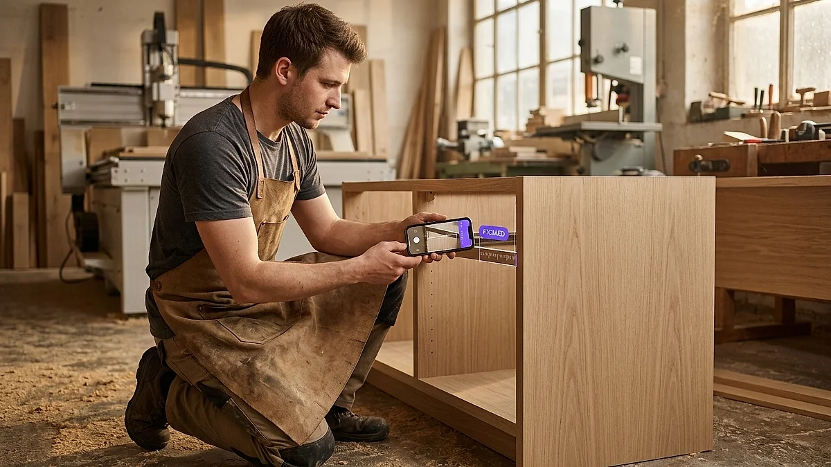 Tischler nutzt KI-Anwendung auf Tablet zur Aufmaß-Erfassung in einer Werkstatt mit Holzbearbeitungsmaschinen im Hintergrund