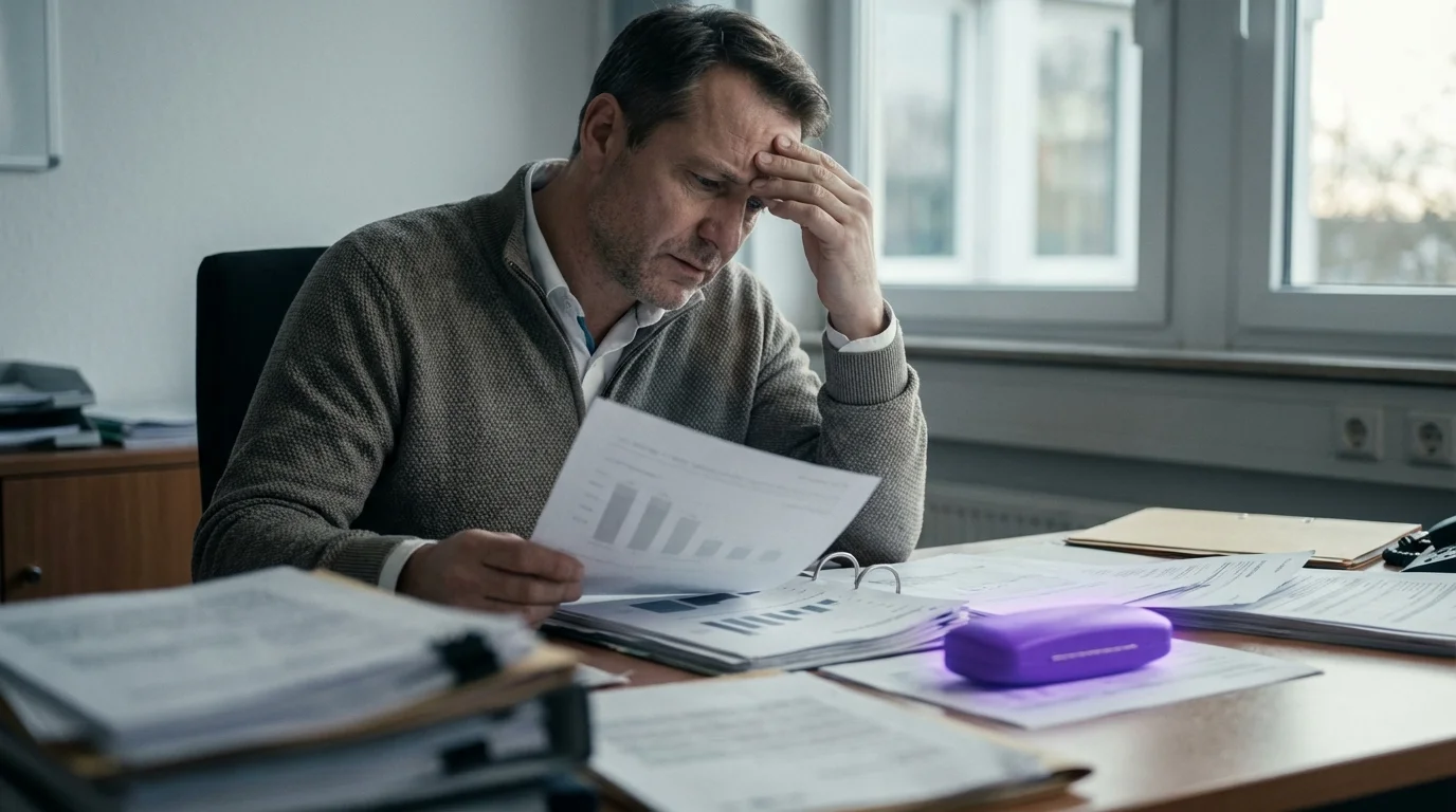 Manager analysiert nachdenklich Datenreports und KI-Auswertungen