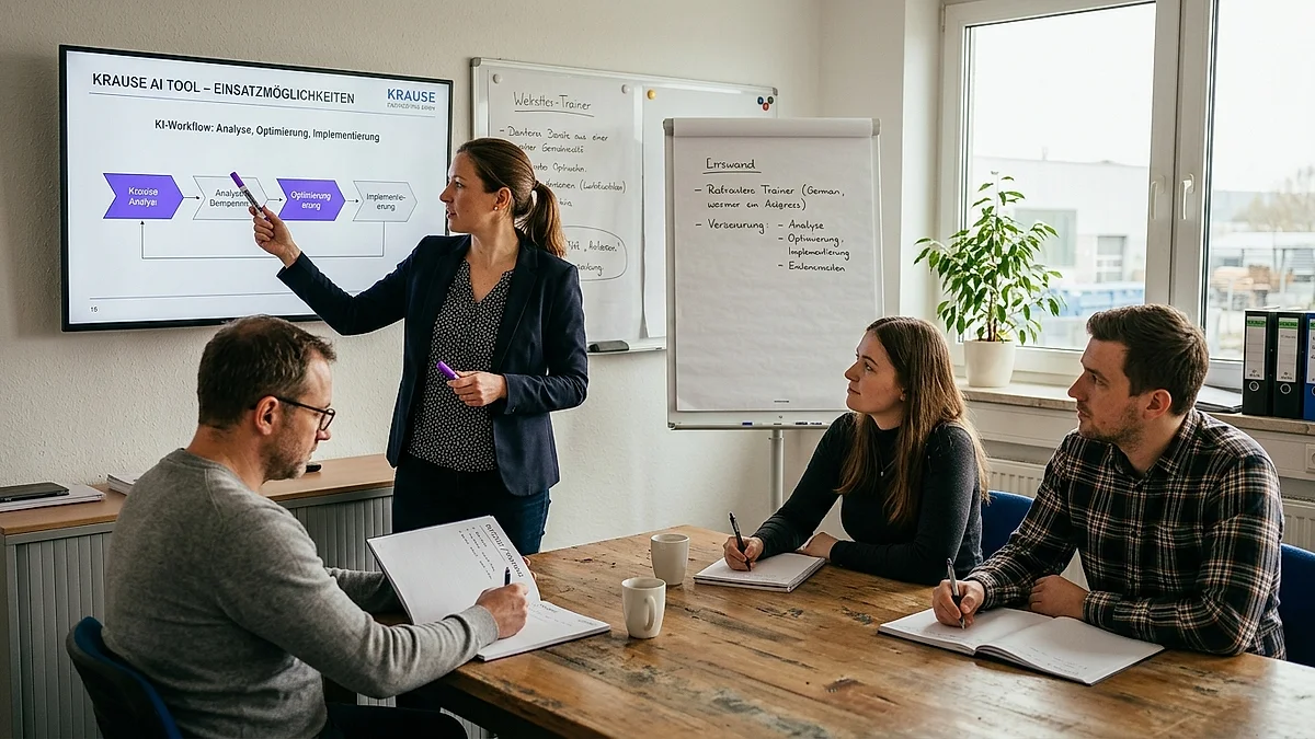Trainerin schult ein kleines Team im Mittelstand im Umgang mit KI-Tools