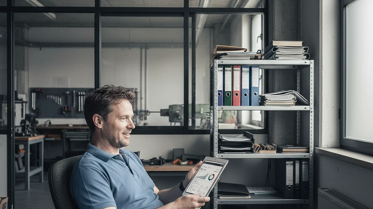 Geschäftsführer im Handwerksbüro analysiert KI-ROI auf dem Tablet