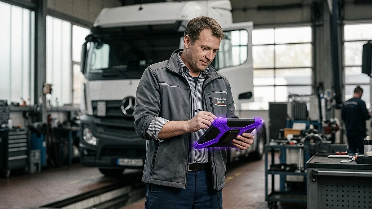 Werkstattmitarbeiter prüft Telematikdaten eines Lkw auf einem Tablet im Fuhrpark