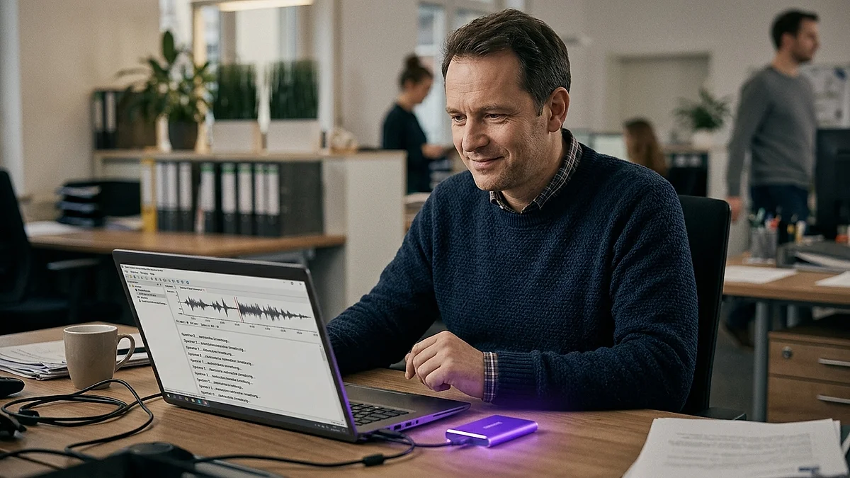 Laptop im Büro, auf dem die lokale Transkription eines Meetings ohne Cloud-Anbindung läuft