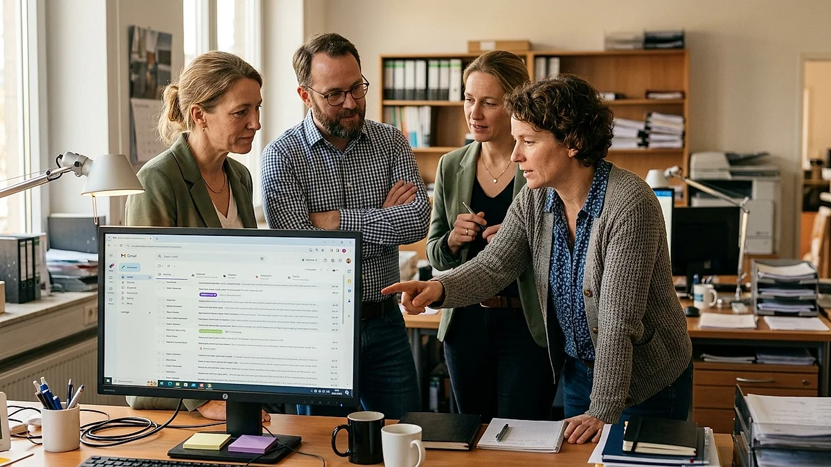 Vertriebsteam bespricht die Einführung eines KI-Postfachs vor einem Bildschirm mit sortierten E-Mails