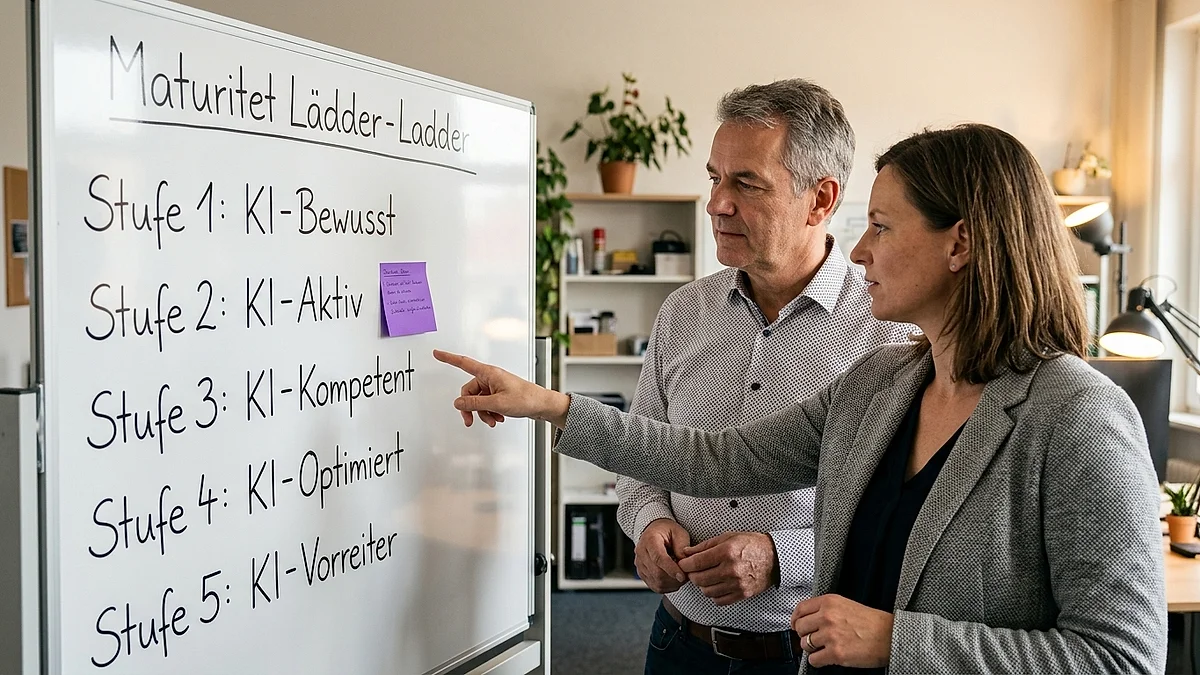 Geschäftsführer und IT-Lead bewerten KI-Reifegrad ihres Unternehmens an einem Whiteboard mit Fünf-Stufen-Modell