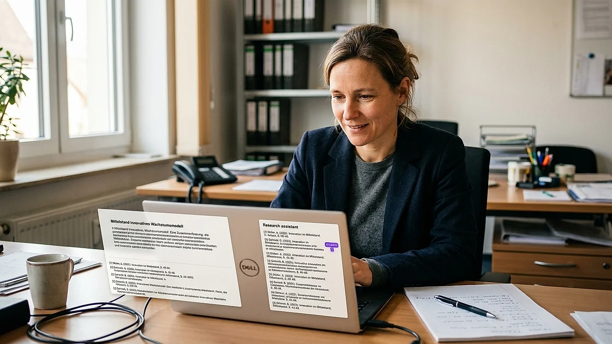 Geschäftsführerin recherchiert mit einem KI-Tool Markt- und Wettbewerbsdaten am Laptop im Büro