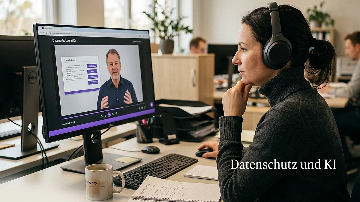 Mittelständische Mitarbeiterin nimmt an einer KI-Schulung teil, Bildschirm mit Trainings-Folien im Hintergrund