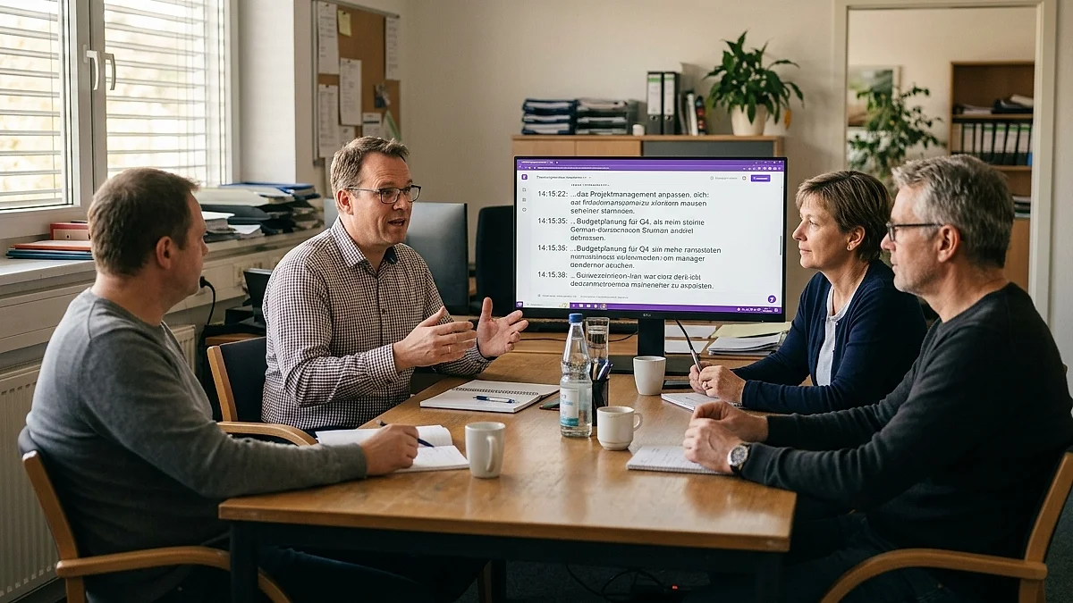 Meeting mit Live-Transkription auf dem Monitor im Hintergrund