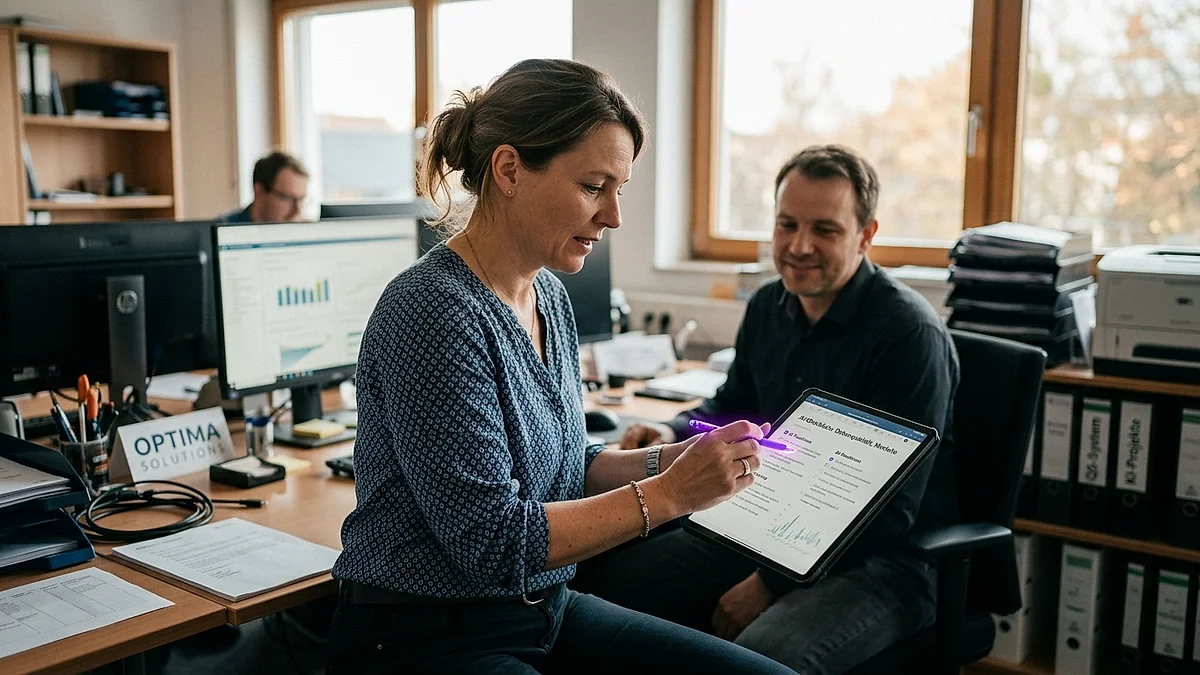 Geschäftsführerin geht mit ihrem Team eine Checkliste zum KI-Einsatz im Unternehmen durch