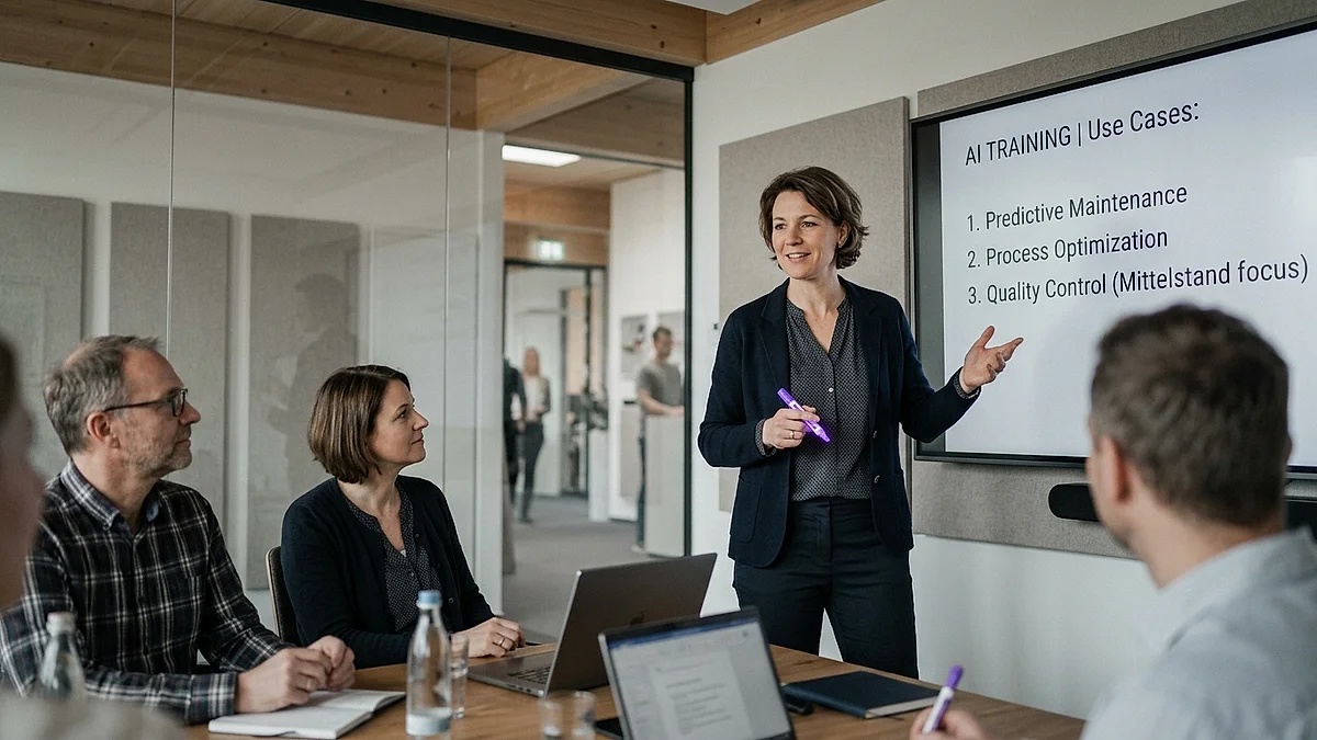 Team im Mittelstand bei einer KI-Schulung im Besprechungsraum, Pflicht nach der KI-Verordnung