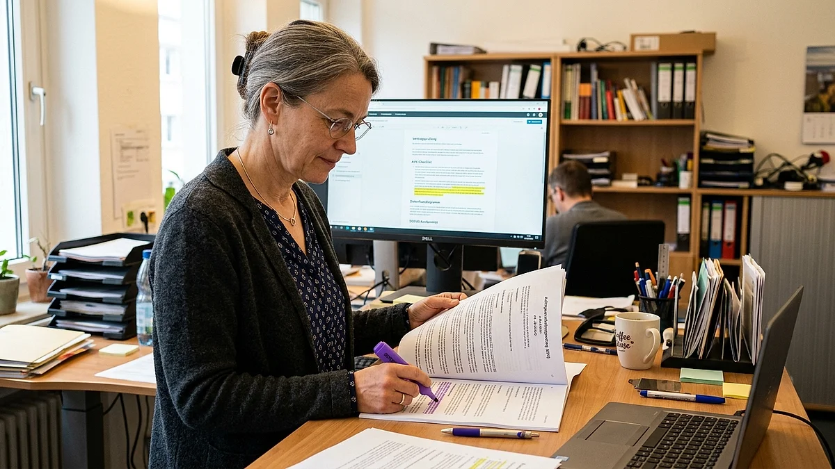 Datenschutzbeauftragte prüft den Auftragsverarbeitungsvertrag für ein KI-Vertragsprüfungstool auf einem Bildschirm