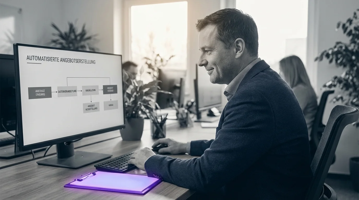 Automatisierter Workflow: Digitales Display zeigt Prozessschritte von Angebotserstellung mit KI