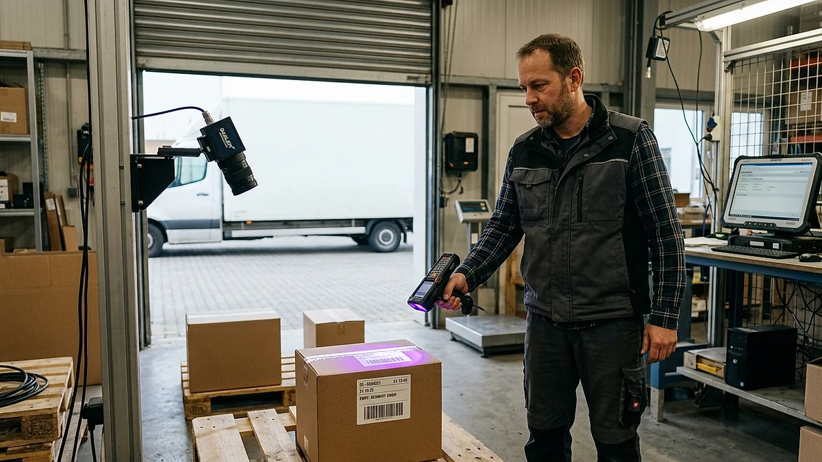 Mitarbeiter am Wareneingang scannt Paketkarton, im Hintergrund KI-Kamera erfasst automatisch die Lieferung