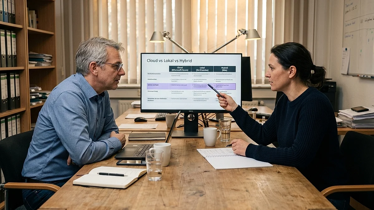 Geschäftsführer und IT-Verantwortlicher analysieren Hardware-Vergleich auf einem Bildschirm in einem deutschen Mittelstands-Büro