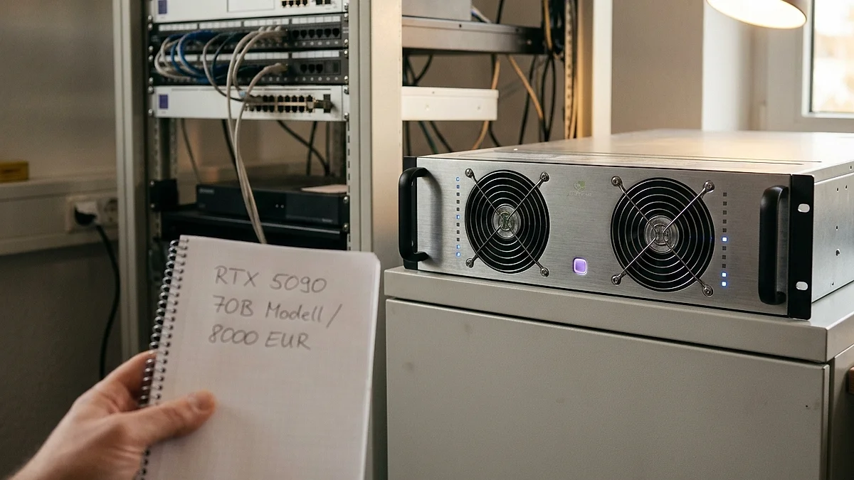 Server-Rack in einem deutschen Mittelstands-Büro mit einzelnem GPU-Server und ruhiger Tungsten-Beleuchtung