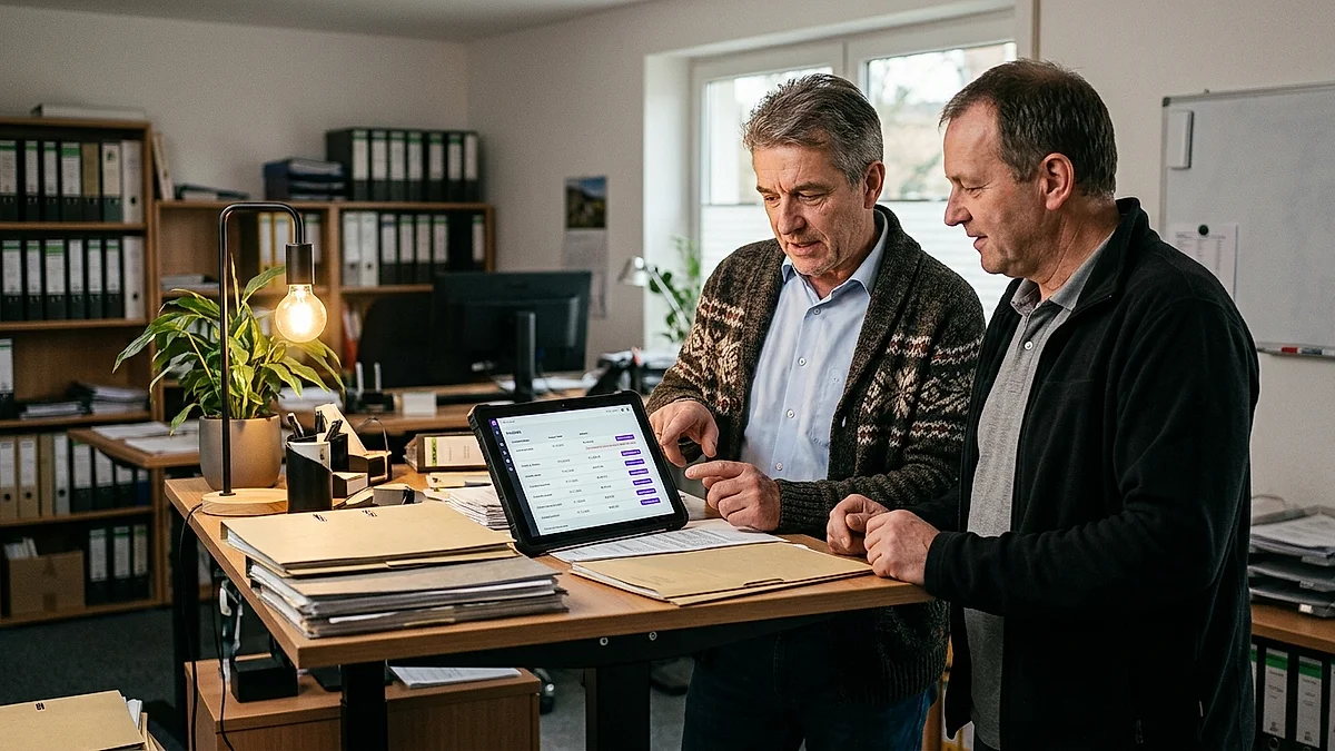 Zwei Mitarbeiter in der Buchhaltung besprechen automatisch vorgeschlagene Mahnstufen auf einem Tablet