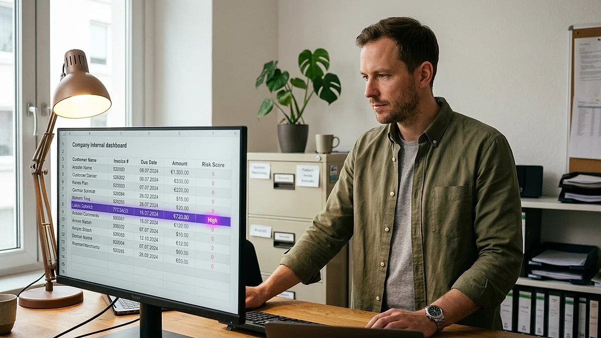 Mitarbeiter prüft am Bildschirm ein Dashboard mit automatisch priorisierten offenen Posten