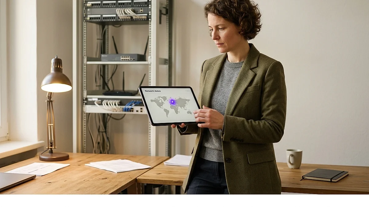IT-Verantwortliche prüft den Serverstandort einer Automatisierungsplattform auf einem Dashboard
