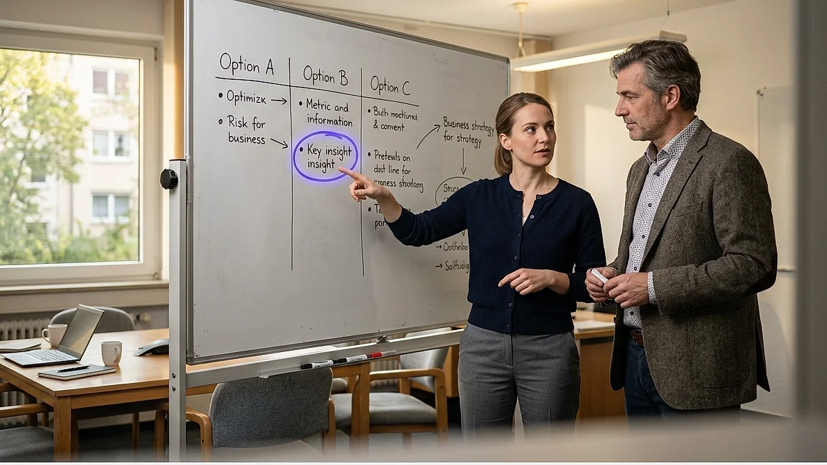 Team im Mittelstand bespricht die Grenzen eines No-Code-Workflows vor einem Whiteboard