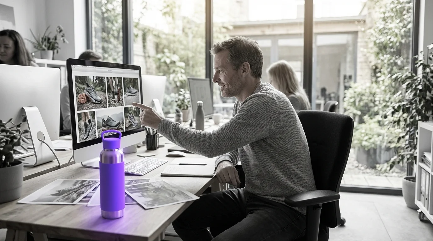 KI-generiertes Beispielbild: Laufschuhe auf Bergpfad bei Sonnenaufgang, eine von vier generierten Varianten
