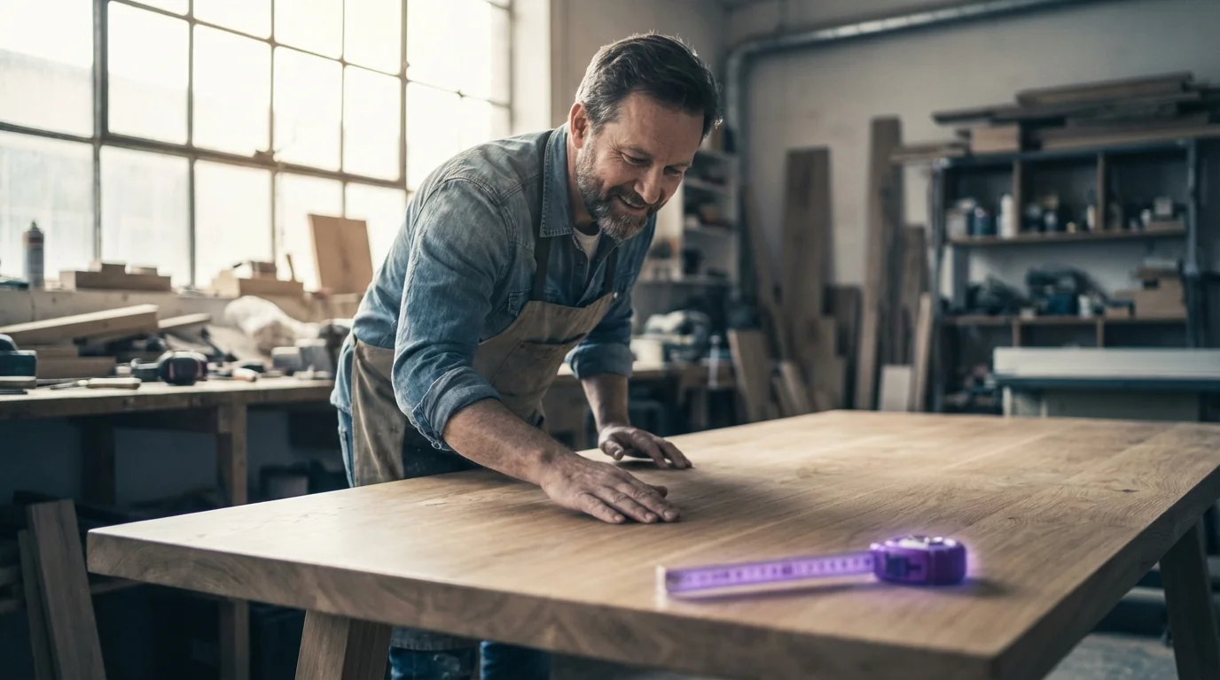 KI-generiertes Beispielbild: Eichen-Esstisch in warmem Licht, generiert mit dem Prompt oben