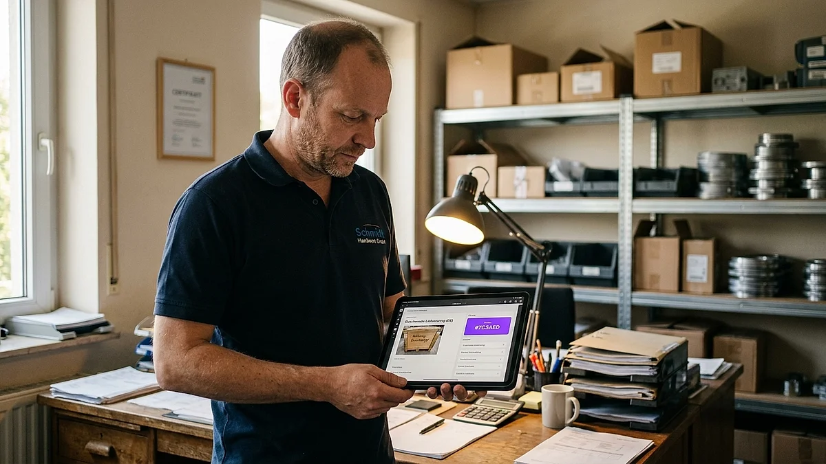 Mitarbeiter im Handwerksbetrieb bespricht eine automatisch priorisierte Reklamation auf einem Tablet