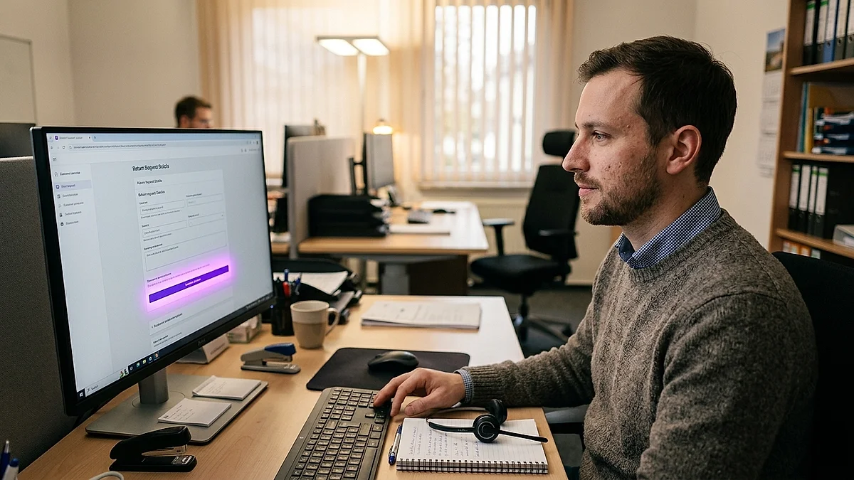 Kundenservice-Mitarbeiter bearbeitet am Bildschirm eine automatisierte Retourenanfrage mit KI-Vorschlag