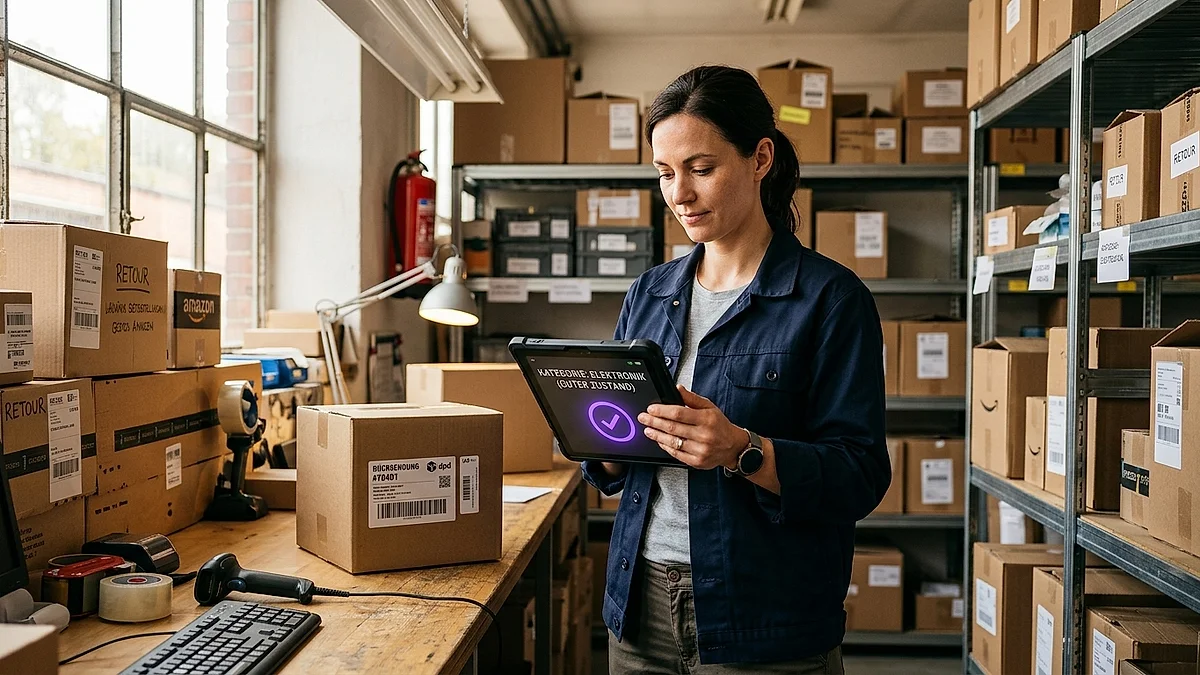 Mitarbeiterin im Lager prüft mit einem Tablet eine automatisch klassifizierte Retoure